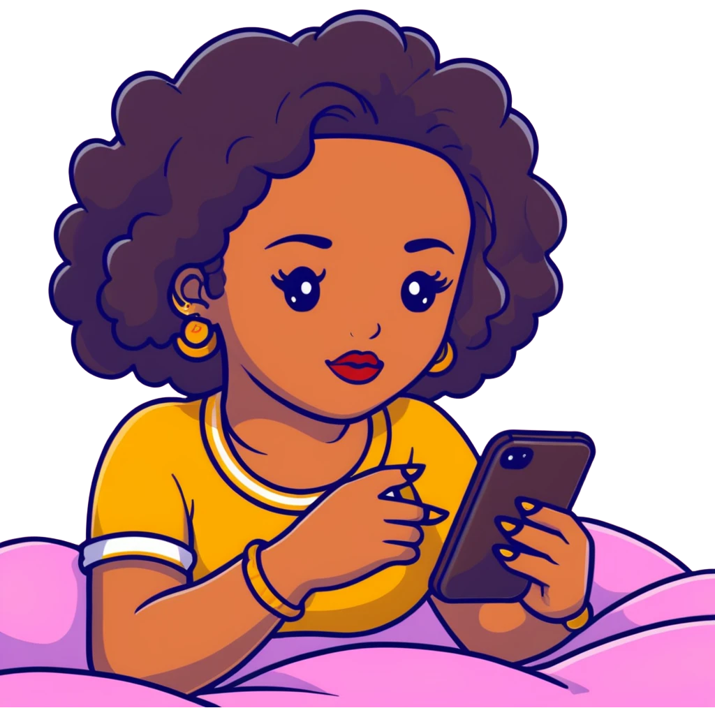 Brown-skinned teenage girl with curly black hair lying on bed looking at smartphone, heavy makeup, big lips, crop top, gold jewelry, choni style outfit emoji