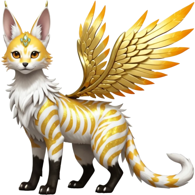 Epic complex fantasy glorious detailed futuristic divine godly angelic feathery sunny, white, albino, pastel, golden, orange glowing sparkly, realistic Fakémon-Sprigatito-Floragato-Meowscarada-Trico-Sergal-Serval-Solgaleo-Vernid-creature (full body) solarpunk, shiny sparkly with a gold laurel emoji