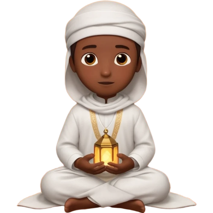 Personnage 3D mignon en style Pixar, un petit garçon portant un qamis blanc et un kufi, tenant un tapis de prière, entouré de lanternes brillantes, fond doux, couleurs chaudes, garçon teint noir emoji