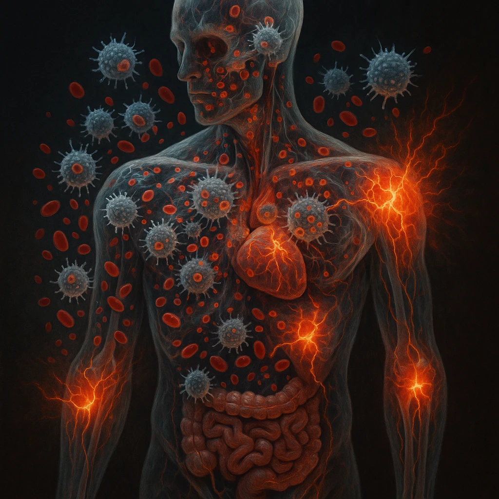 Symbolic representation of the human body from the inside, semi-realistic and anatomical. Immune cells attacking healthy tissue, red and white blood cells in conflict, glowing areas of inflammation and cellular confusion. Certain organs or joints subtly highlighted as targets with crackling energy or red flare to symbolize autoimmune damage. Dark background, vibrant biological detail, style between medical illustration and conceptual art, hyperrealistic 4K. emoji