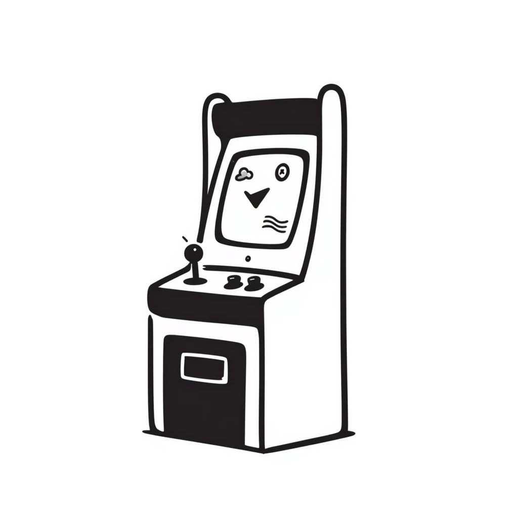 A hand-drawn arcade machine with sketchy joystick and game elements emoji