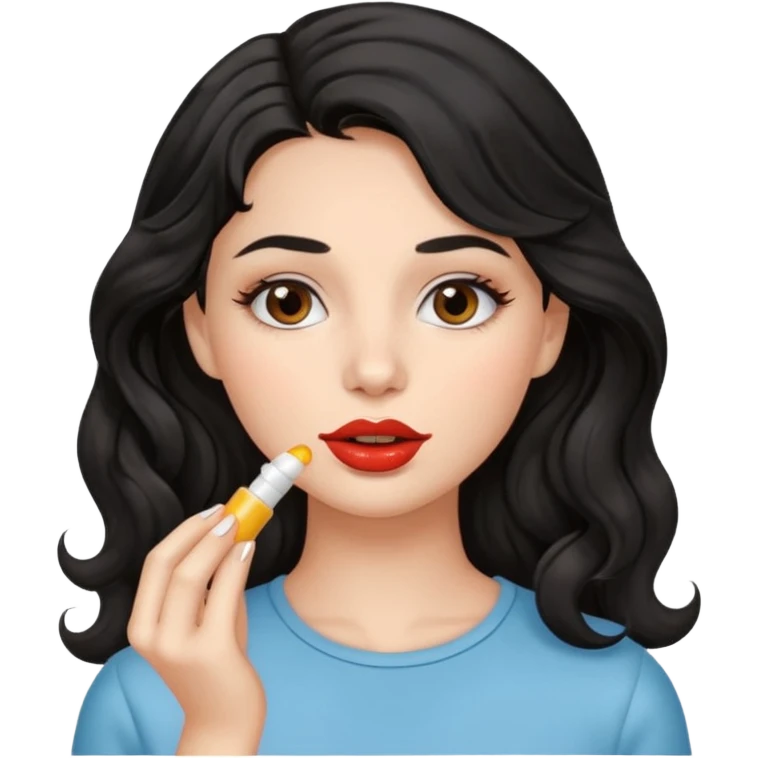 A gorgeous with black wavy hair women applying cute thin lipbalm on her brown lips emoji
