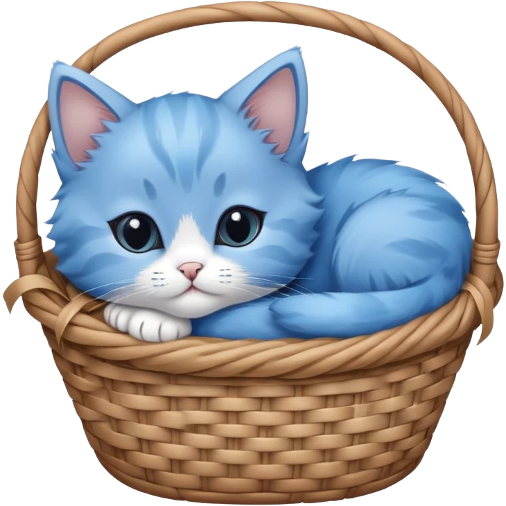 A blue kitten lying in a basket, with no details. Minimalist design, focusing on the kitten's simple and cute form in the basket. emoji