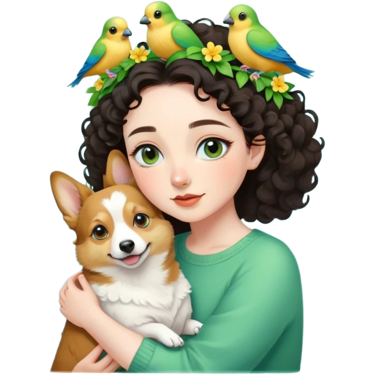 Dark short curly hair with pale skin and thin eyebrows girl hugging a welsh corgi. And a green-reddish lovebird on her head with yellow, blue love birds around her. emoji