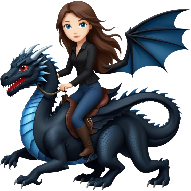Me, a white female with long brown hair and blue eyes, wearing nothing but black clothes, and riding a VERY BLACK dragon with HINTS of RED, to your work emoji