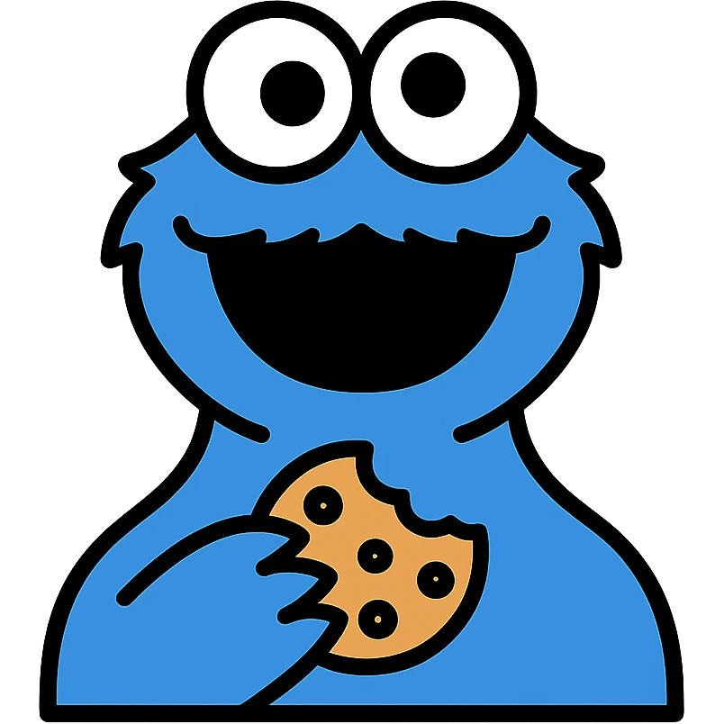 cookie monster, vibrant blue fur, big googly eyes, holding a cookie, playful expression, simple background emoji