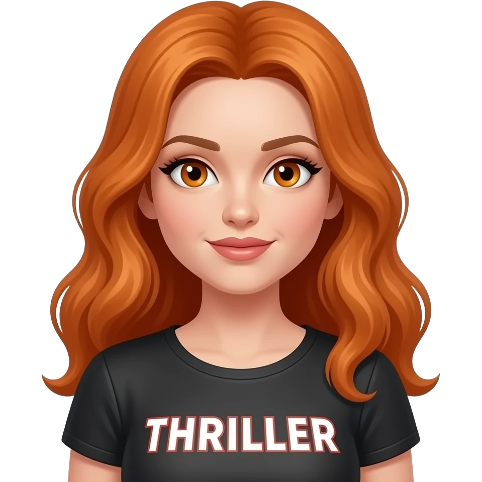 sexy girl with long ginger hair and ginger eyes a top with THRILLER written on it emoji