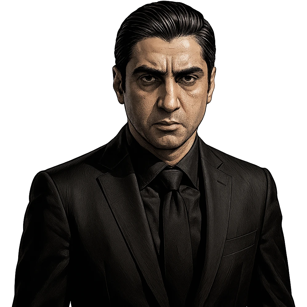 Polat Alemdar, Turkish mafia look, black suit, stern face, slicked-back hair, dramatic lighting, cinematic style, detailed modern illustration emoji