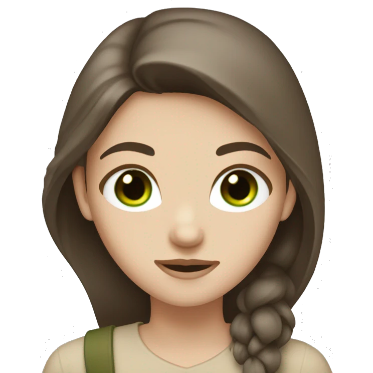 white girl with long dark brown hair and green eyes in beige clothes emoji