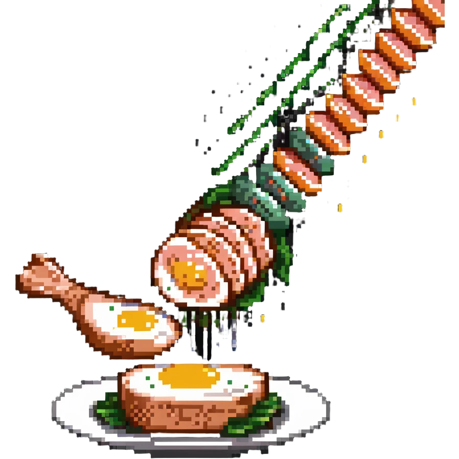 Pixel art protein explosion with chicken breast, steak, salmon, and egg shooting upward from bottom, with sparkle effects, DNA pixel animations around them, and simplified muscle figure outline in background emoji