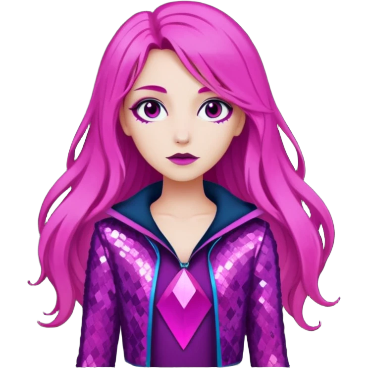 Persephone from Lore Olympus with long magenta hair, magenta sequin outfit emoji