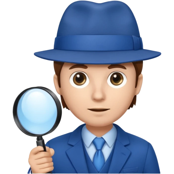 detective in blue suit and blue hat brown hair white skin with big mangifier in his hand looking trough the magifier emoji
