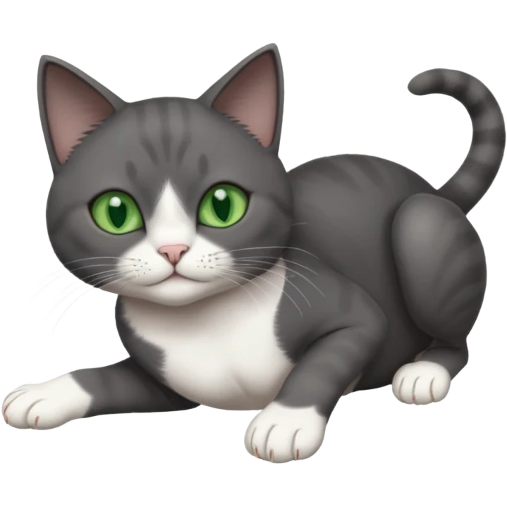 beautiful female solid dark grey cat with green eyes, white toes/paws and white patch on her chest rolling upside down emoji