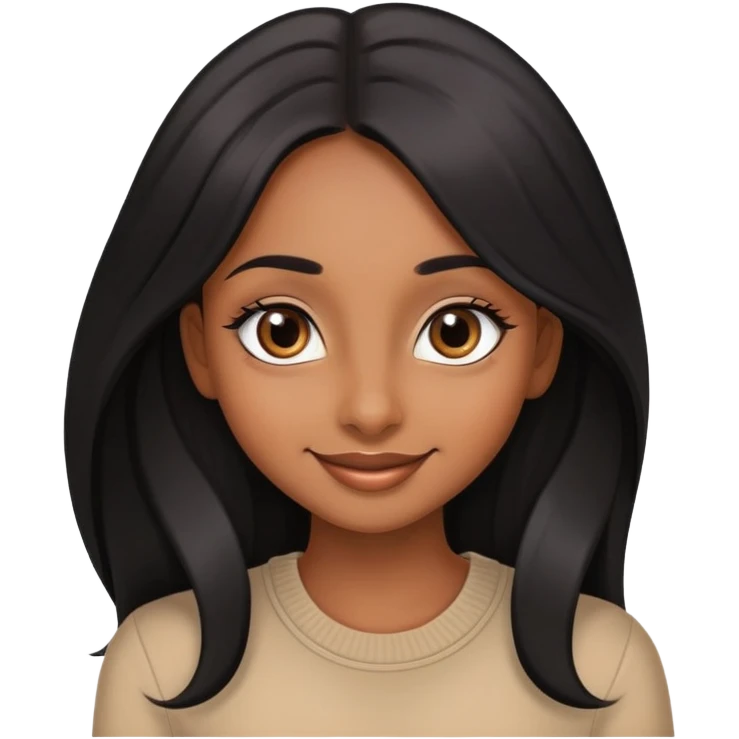 brown girl with long black sleek hair, beautiful big eyes, profiled nose, and a beautiful smile emoji