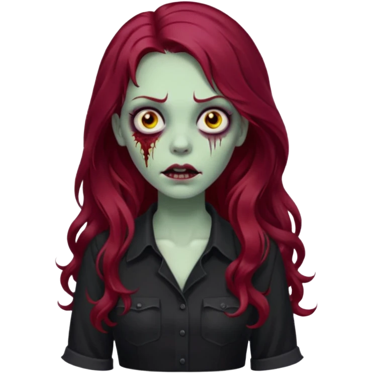 Faça me um emoji de um zumbi mulher de cabelos vermelho borgonha longos ondulado usando uma blusa preta emoji