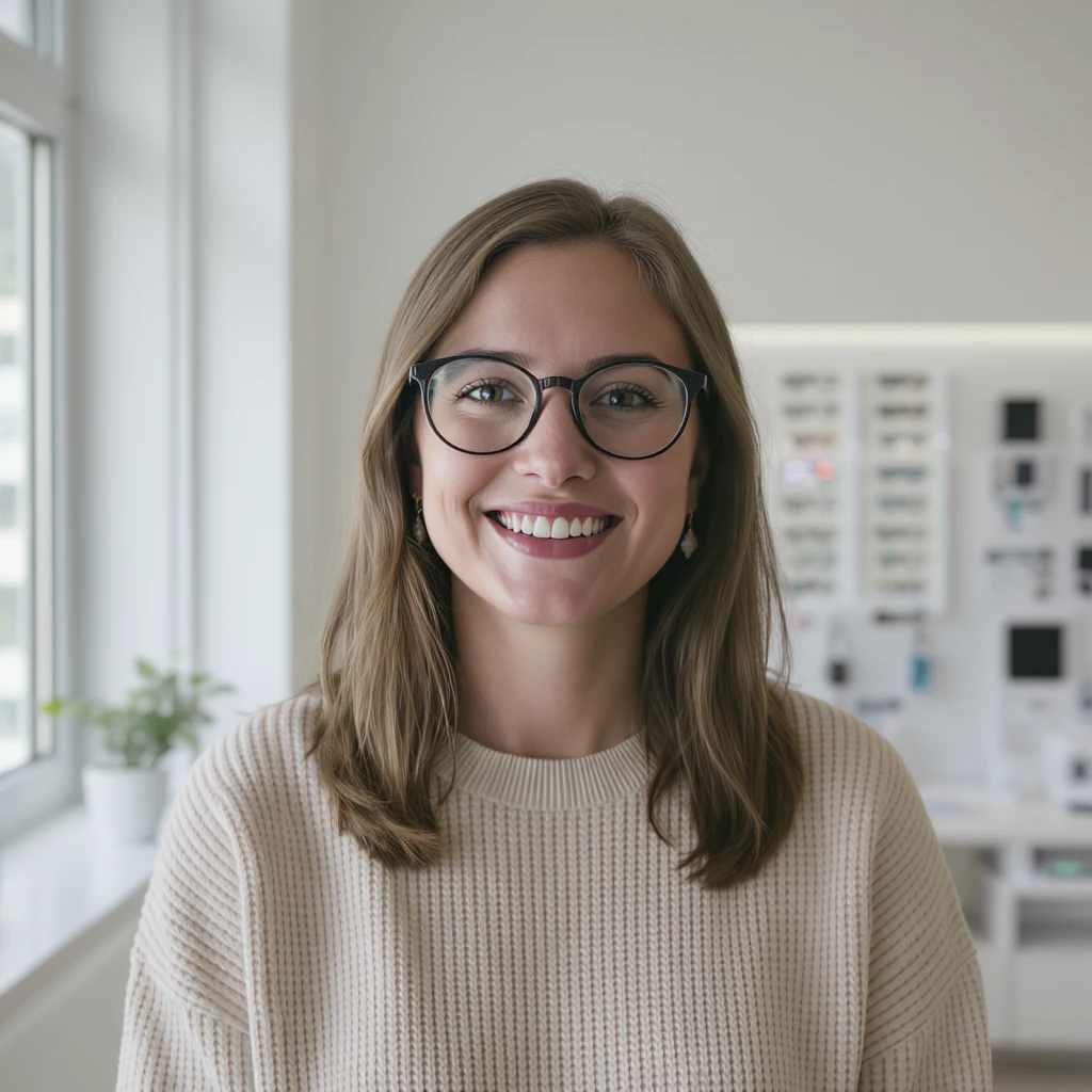 "Medium shot:2", Cinematic still of a smiling european white woman with glasses smiling, minimalistic ophthalmologist interior in background, leading  lines, rule of thirds emoji