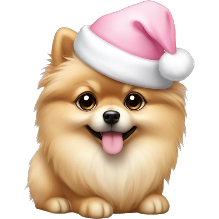 Beige Pomeranian puppy with light pink santa hat emoji