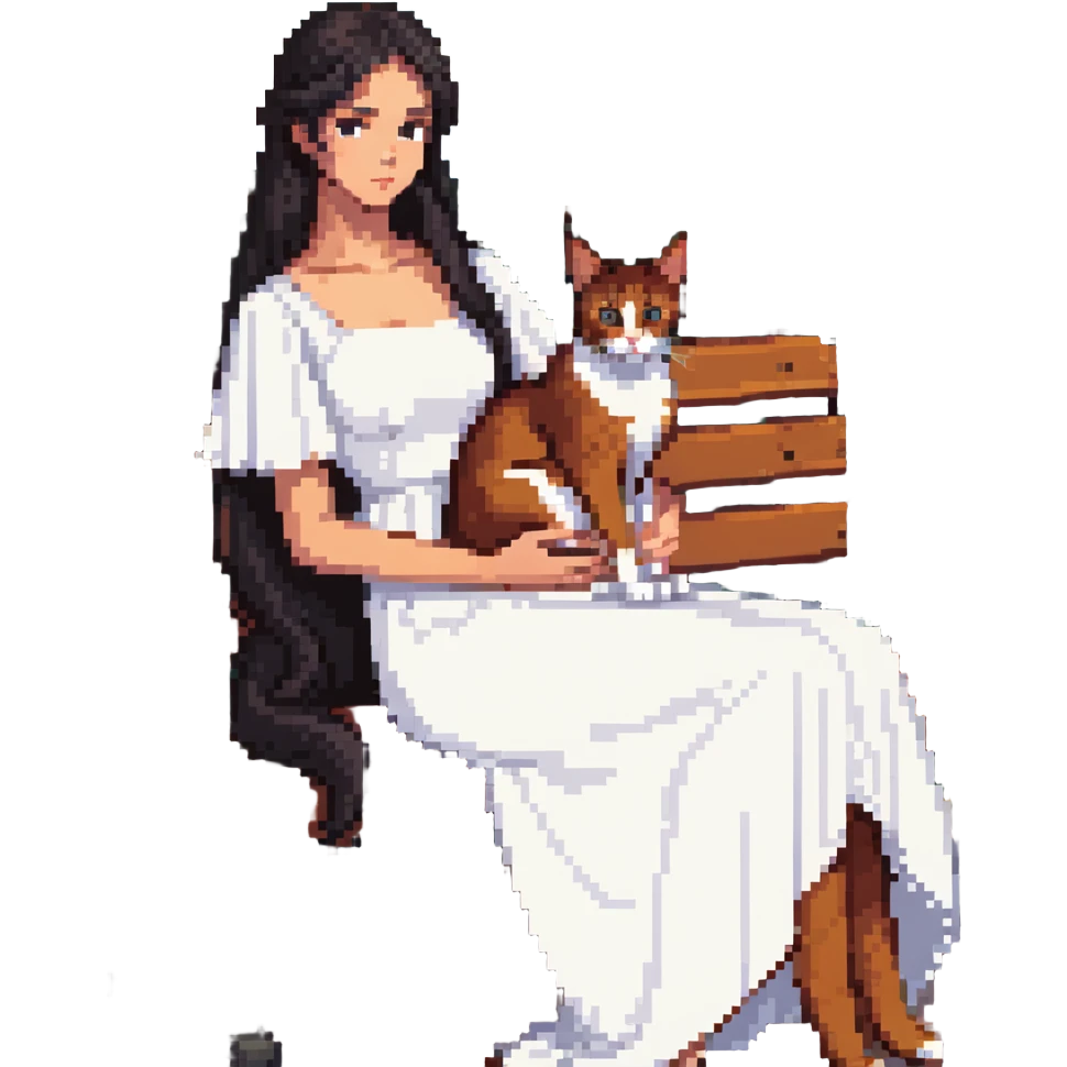 beautiful girl with long black hair in a white dress holding an Abyssinian cat with reddish-brown fur, sitting on a bench emoji