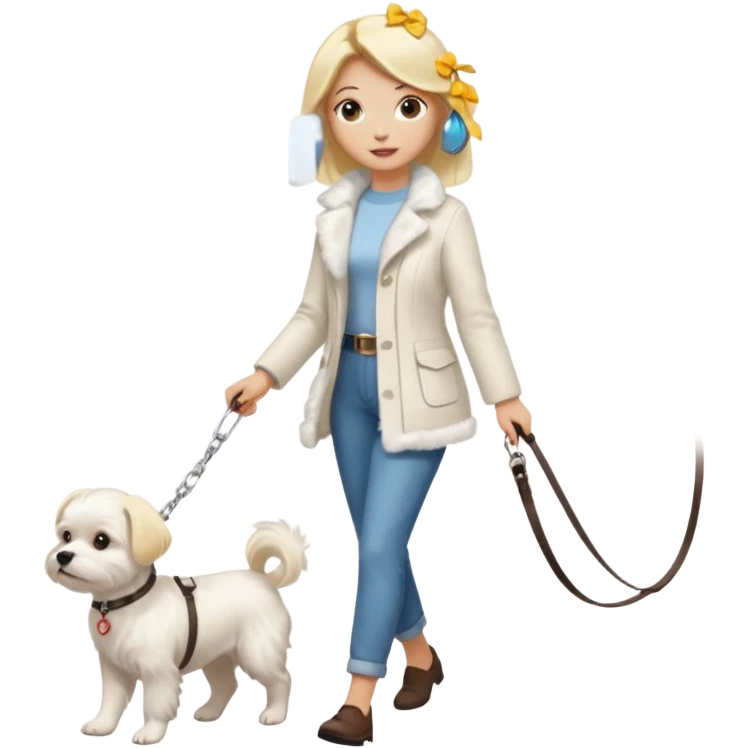 blonde woman walking Maltese dog emoji