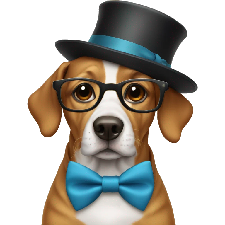 Dog wearing a bow tie and a tall hat with glasses emoji