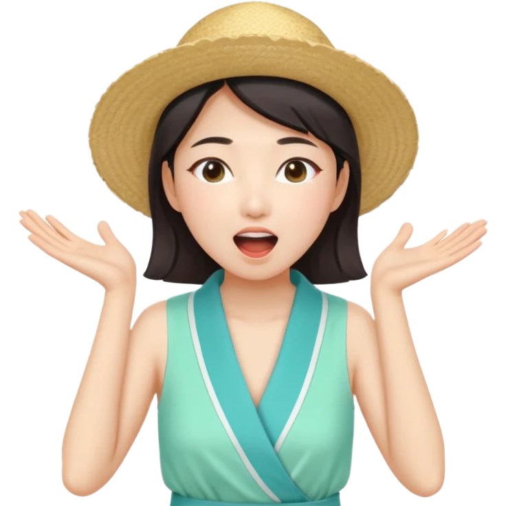 들뜬 표정의 20대 한국 여자, 여름 옷차림, 두 손으로 입을 감싸 “괌 가자~” 외치는 포즈. 민트색 배경, 밝고 유쾌한 광고 포스터 느낌,
휴양용 옷차림 emoji