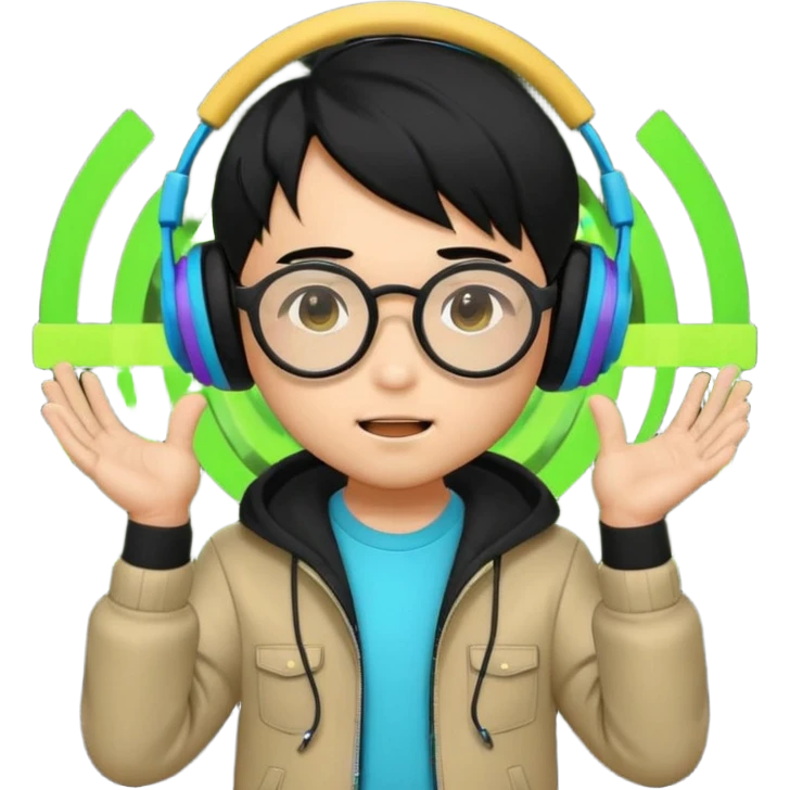 Chibi Japanese boy with black hair and round glasses, big headphones, vibing hard to electronic music, strong beat pulse lines around him, neon glow, exaggerated cartoon style, streaming emote. emoji