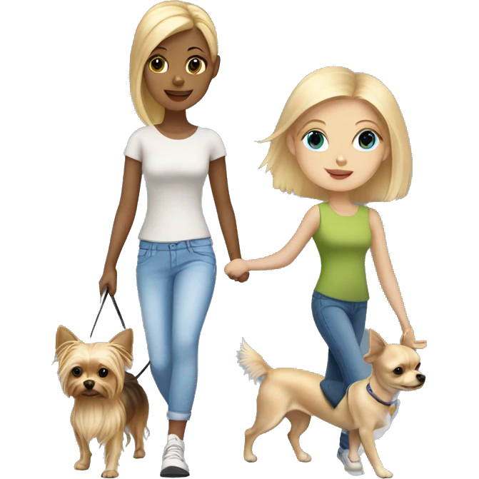 blonde hair blue eyed girl walking her chihuahua and yorkie emoji