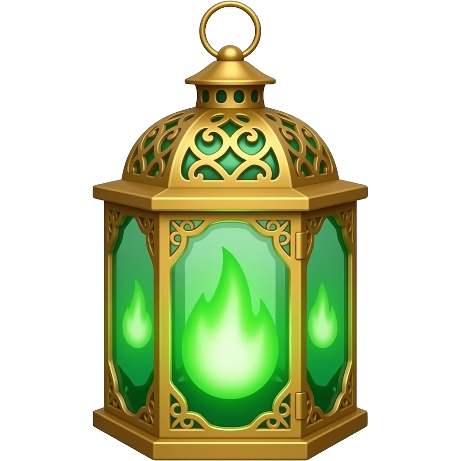 A golden hanging lantern with a bright emerald green flames, an empty loop on top, fae filigree themed, but simple focus more on the green flames, paint the glass more green emoji