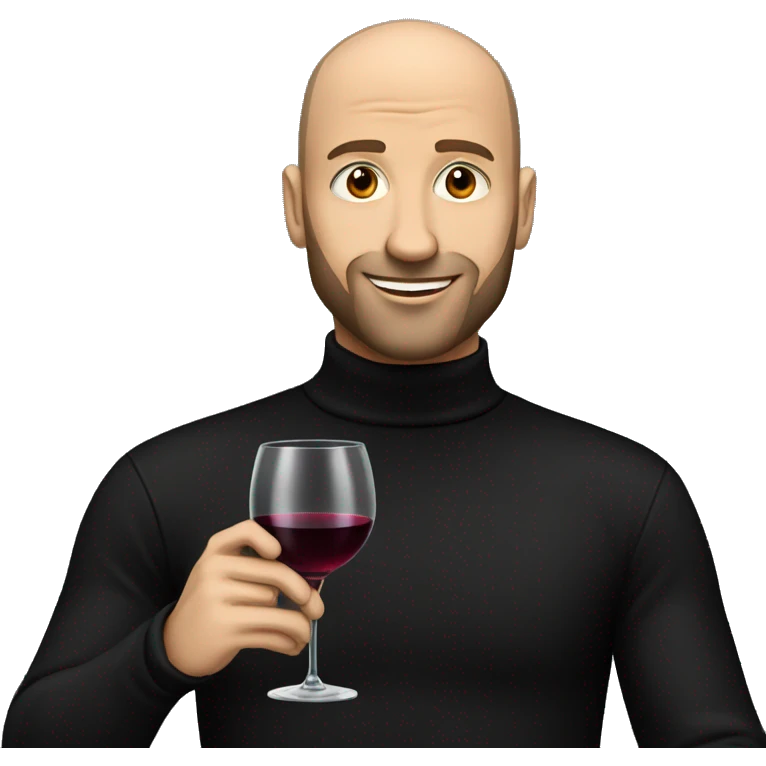A handsome bald man with a short beard in a black turtleneck with a glass of wine emoji