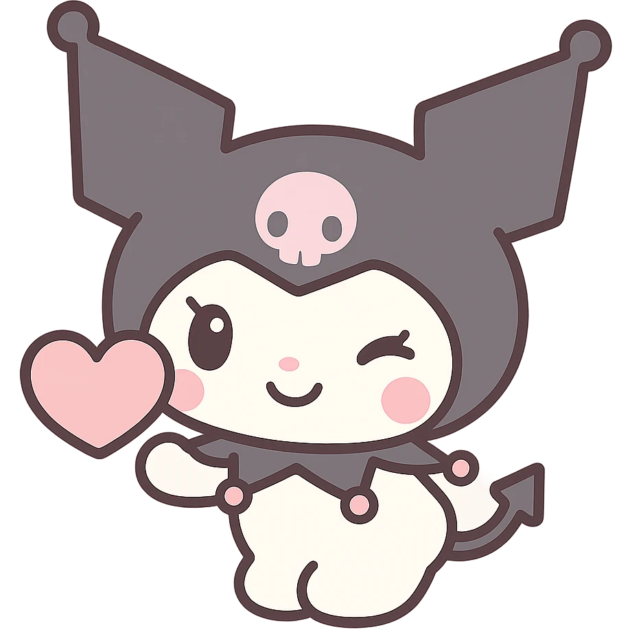 Kuromi character winking and presenting a heart, kawaii style emoji
