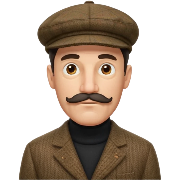 three quarter head profile huge mustache big sideburns sport coat black turtleneck tweed flat cap, squinting eyes trying to puzzle out emoji