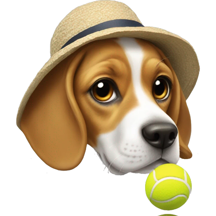 Beagle, playing with a tennis ball, with little sun hat on. emoji