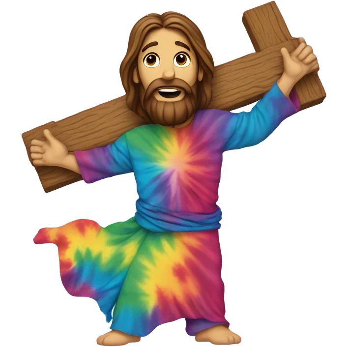 Jesus carrying a giant wooden cross that is rainbow colors like rainbow colors tiedye patterned on the entire cross  emoji