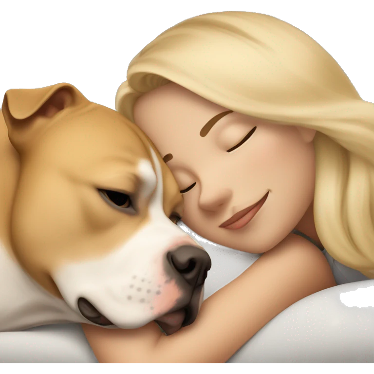 A light blonde girl is laying down sleeping with a light brown pitbull  emoji