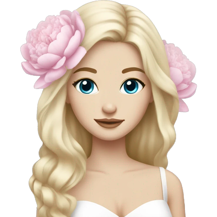 White bride with long light blonde hair and blue eyes with light pink peonies in hair white skin  emoji