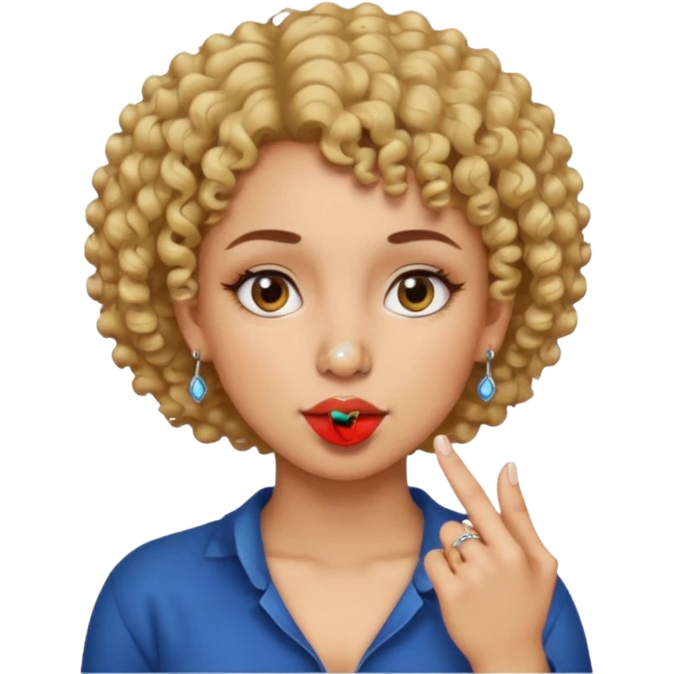 faça uma mulher com o cabelo curtinho cacheado com piercing no nariz e brincos e o dedo indicador no canto da boca emoji