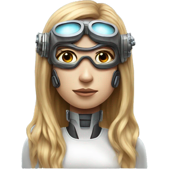 female cyborg head, fair skin, Brown long hair with blonde steaks, space age goggles and circuits emoji