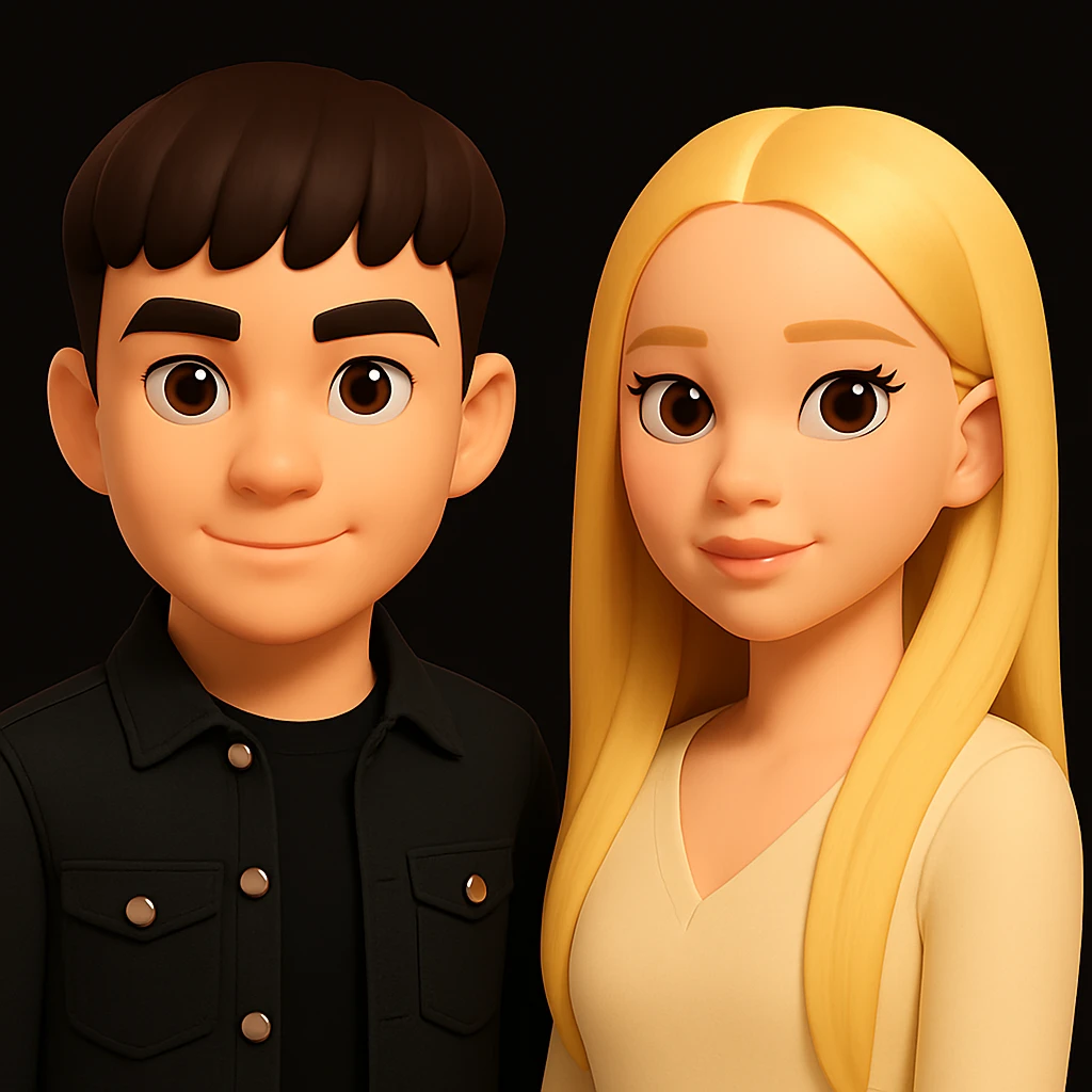 Increase the space between the guy and the girl, moving them slightly apart from each other, without changing anything else. Maintain the 3d-emoji style look in the edit. emoji