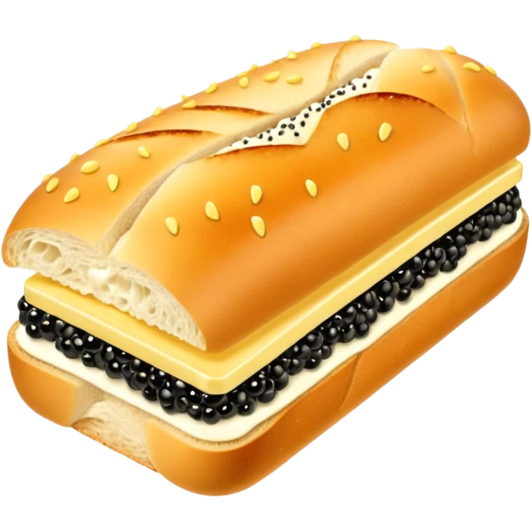 Apple style 3D emoji of a luxurious black caviar sandwich. A thick slice of fresh white baguette with a generous layer of creamy yellow butter, topped with a mountain of glistening, shiny black sturgeon caviar. premium aesthetic. emoji