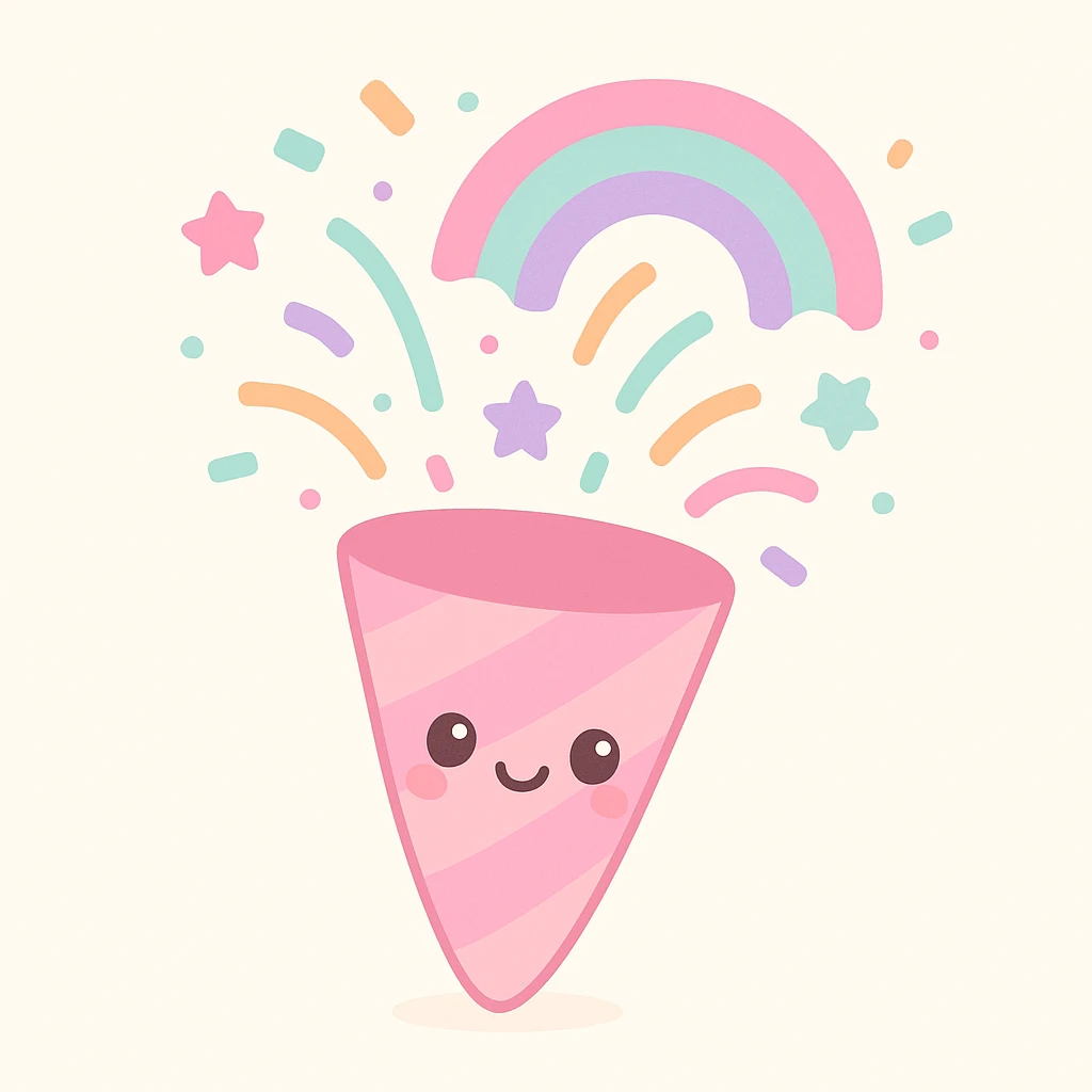 adorable party popper, rainbow confetti, smiling face, vibrant colors, minimal background emoji