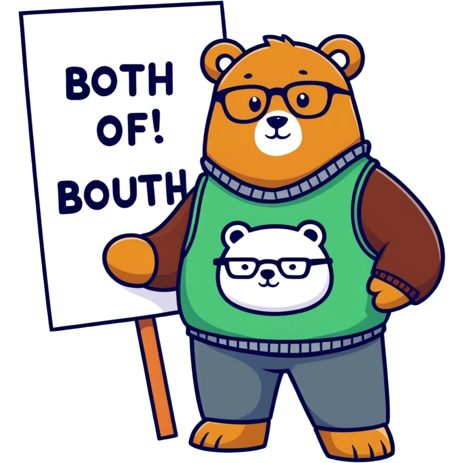 A bear wearing a sweater, vest and glasses, holding up a sign that says both of them emoji