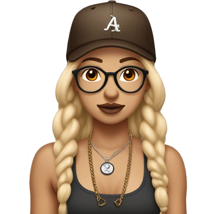 Girl with blonde hair with dark brown at the ends. She also has double nostril piercings, a septum ring, and a Medusa piercing, hazel eyes and big framed glasses. Hair is in braids with  a backwards baseball hat emoji