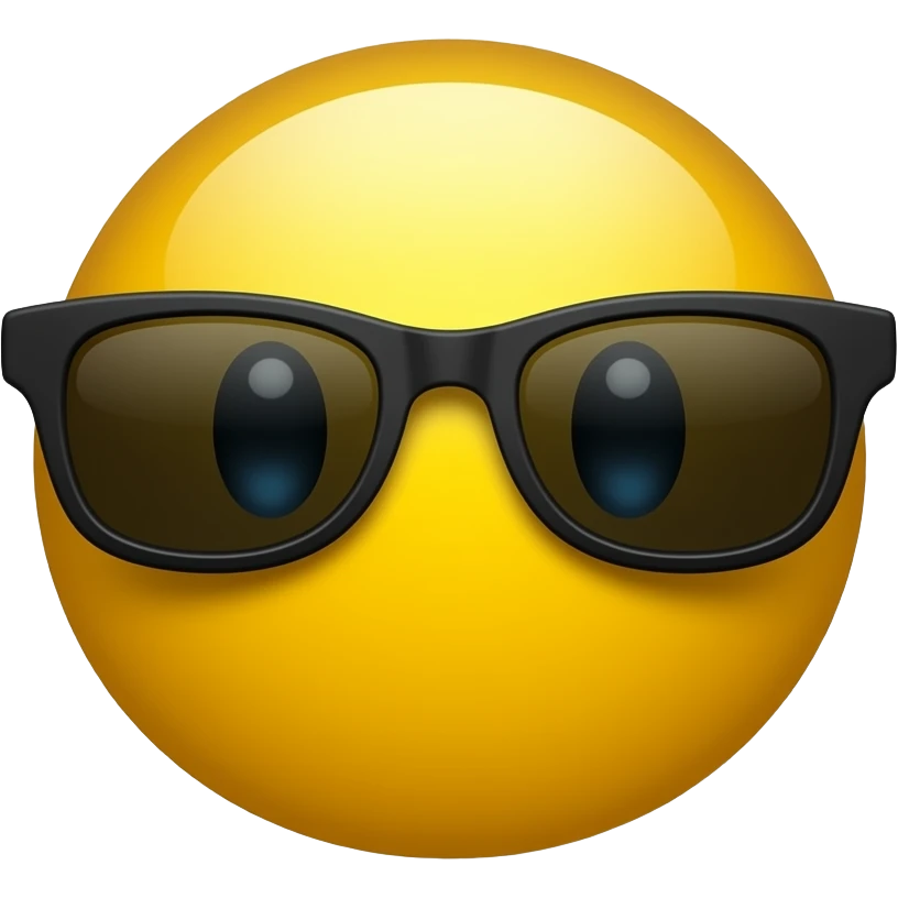 Emoji de cara redonda amarilla con gafas de sol , la luz se refleja en su superficie, el fondo de cuadrícula permanece estático. que el fondo sea negro emoji