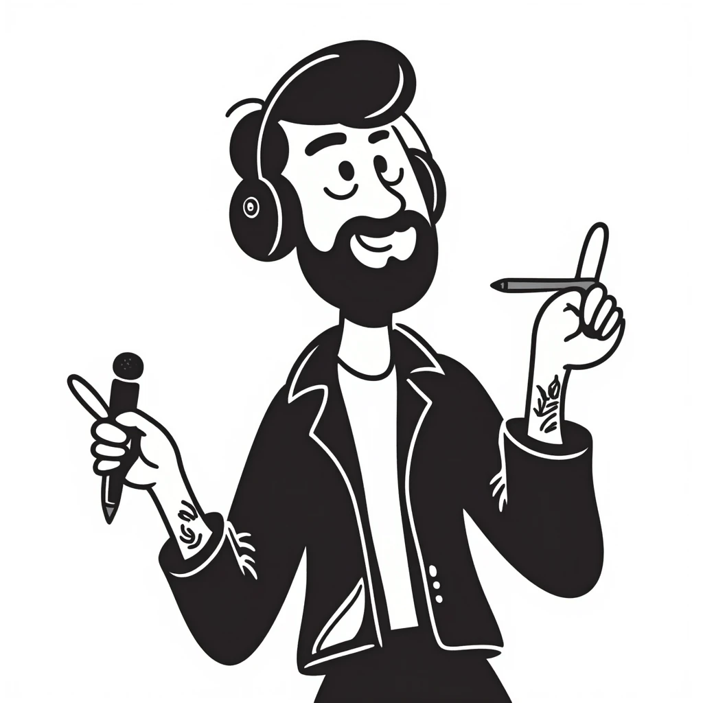 pop rock musician with well-groomed stylish beard, arm tattoos, headphones on ears, smiling confidently, holding microphone in one hand and pencil in other hand emoji