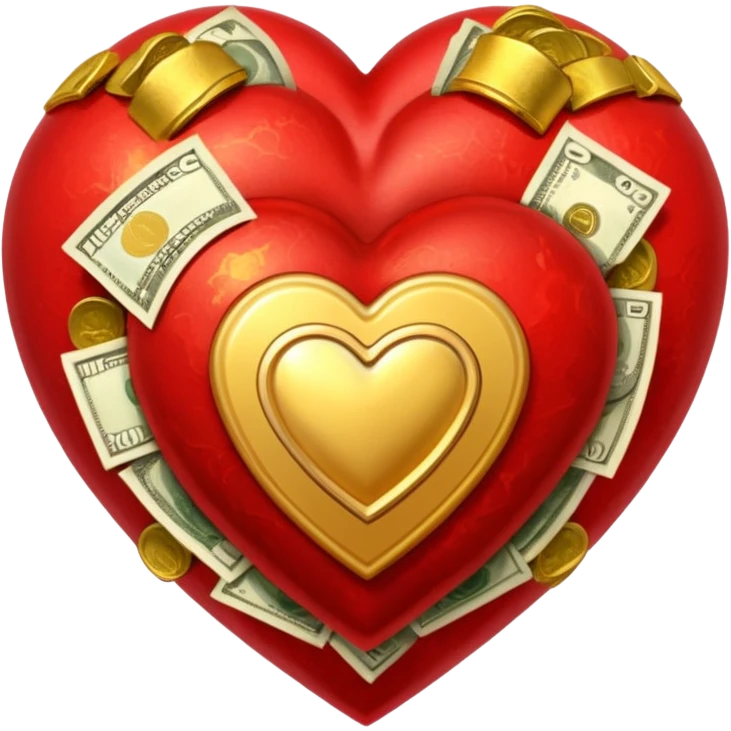 "Realistic HD red heart fused with cash and gold elements, heart seamlessly blended with money textures and molten gold details, dramatic warm glow, luxurious but clean, white background." emoji