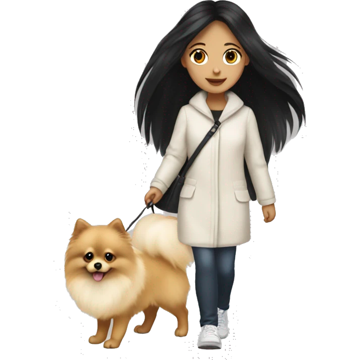 pale girl with long black hair walking with pomeranian emoji