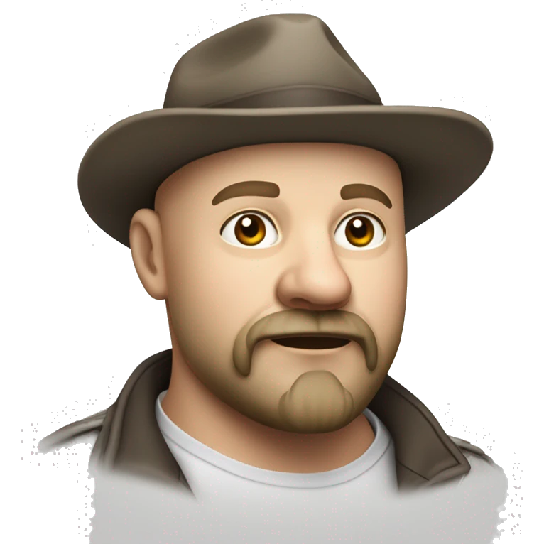 Photorealism A plump bald man of Slavic appearance with a goatee beard and mustache, wearing a fedora hat, big details emoji