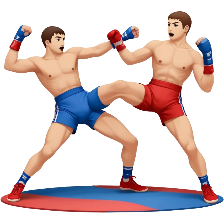 Two Sambo fighters in blue and red gis with shorts and wrestling shoes, executing gripping and throwing techniques. The fighters are engaged in a dynamic, action-packed moment with no strikes. The background features a wrestling mat, focusing on the technique and control. Transparent background  emoji