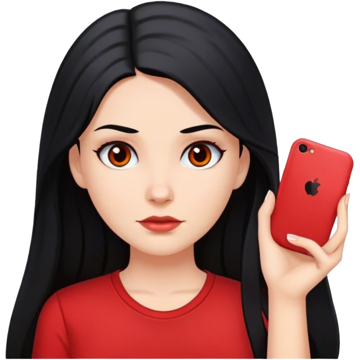 a white girl with long black hair and black eyes wearing a red shirt emoji