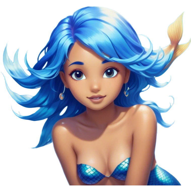 Cinematic Realistic Blue Hair Mermaid Portrait, head tilted playfully and inquisitively, showcasing a delicate, tropical form with finely detailed, flowing blue hair contrasting beautifully against her sun-kissed tanned skin. Her bright, curious eyes sparkle like sea gems under warm filtered light, rendered with lifelike clarity and soft underwater illumination—capturing the essence of a spirited mermaid poised to dance playfully amidst coral reefs. emoji